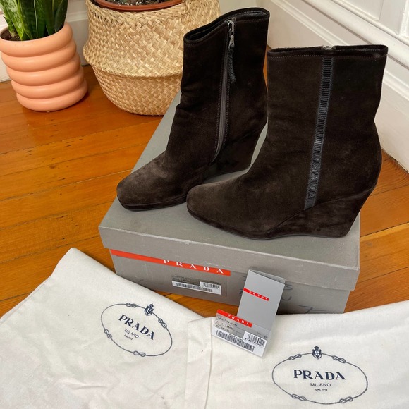 Authentic Prada Linea Rossa Brown Suede Wedge Boots with Box - Picture 1 of 8